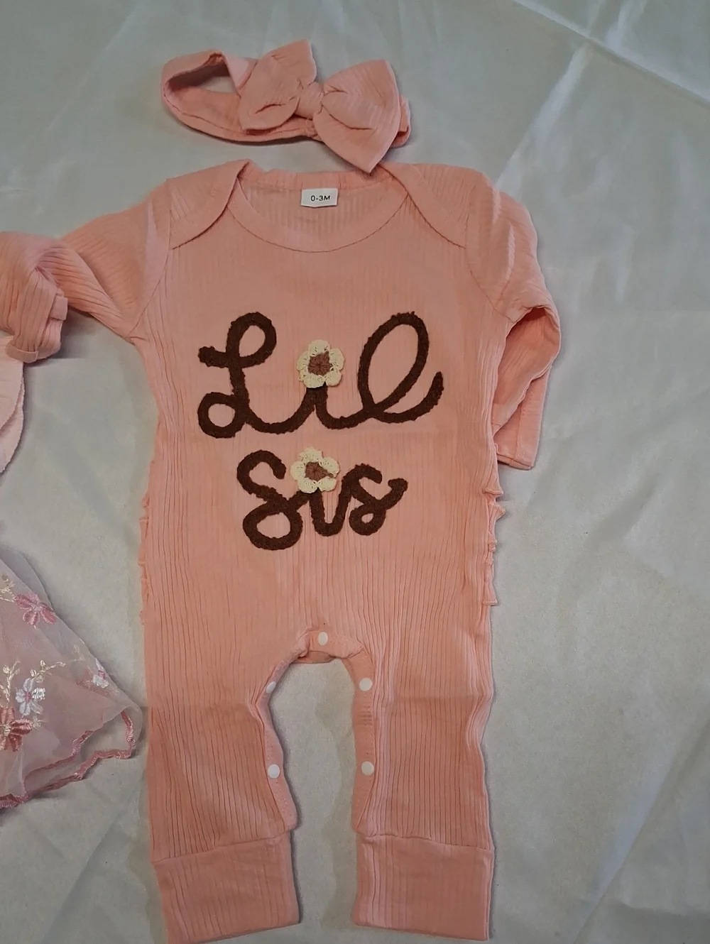 NWT Baby Girl Pink 'Lil Sis' Ribbed Romper & Floral Dress Set